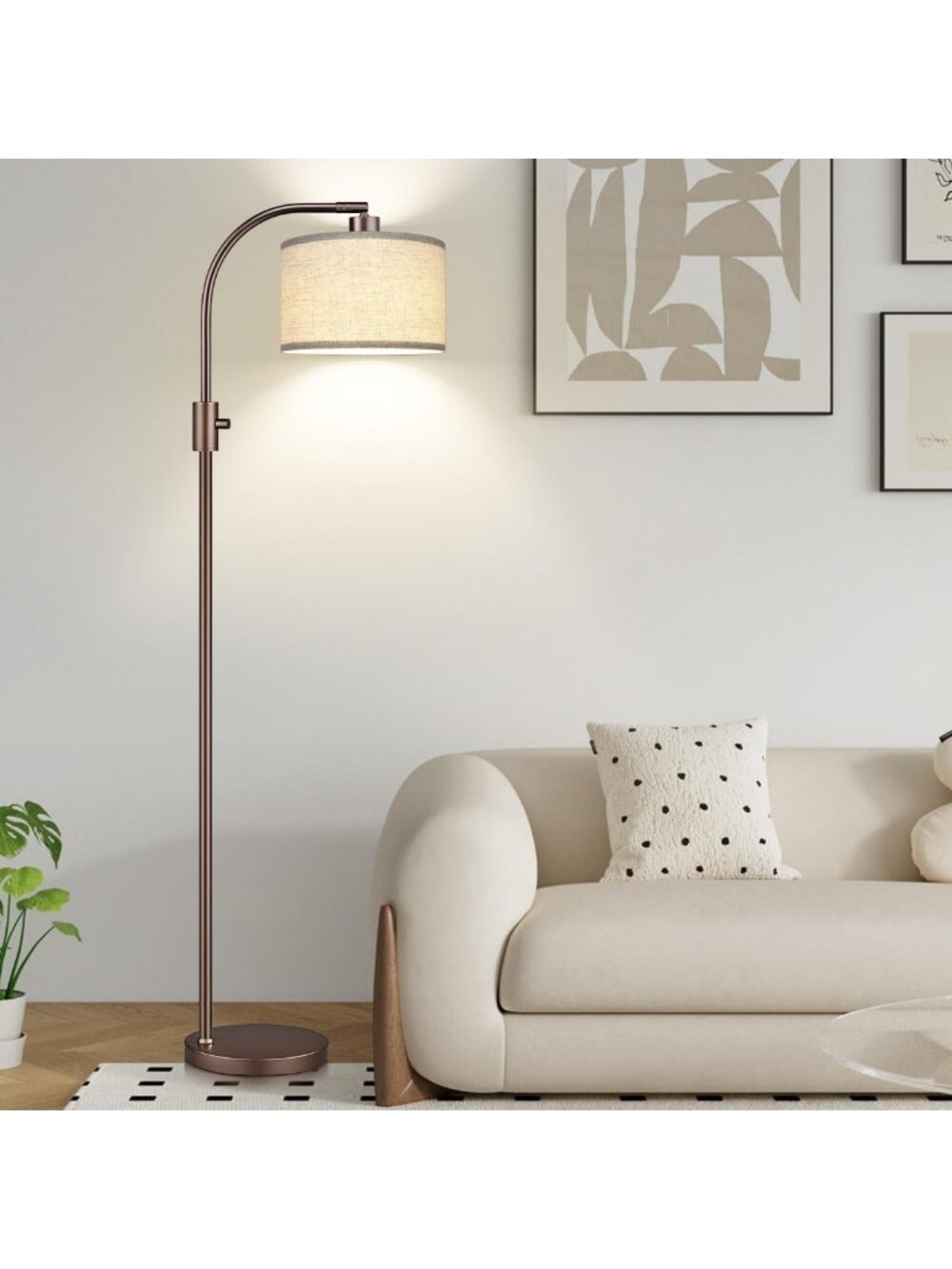 Dimmable Modern Arc Floor Lamp with Linen Shade, 1200 Lumens for Living Room